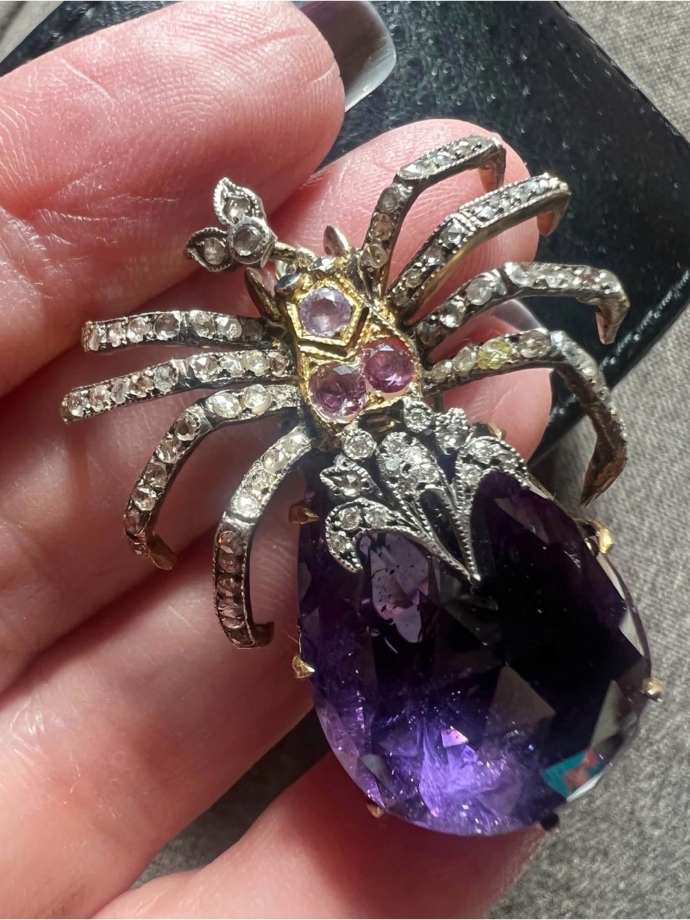 Antique SPIDER PENDANT 47.7ct Amethyst, Diamond, Blue & Pink Sapphire Gemstones - Picture 6 of 15
